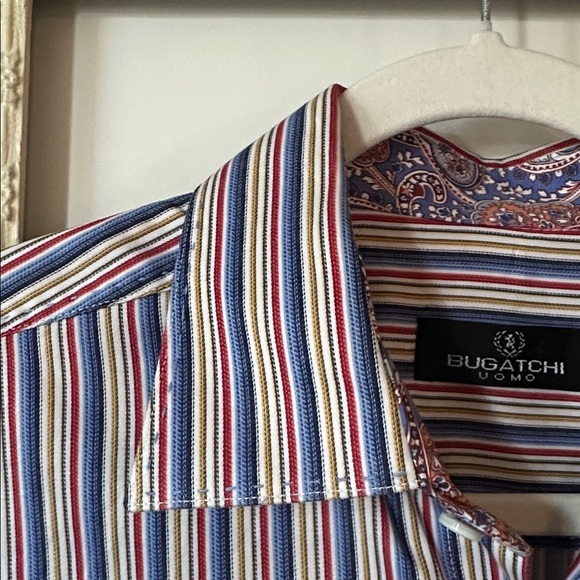 BUGATCHI UOMO | Multicolor Striped Button Down Dress Shirt Collar Sleeve Accents - Picture 9 of 16